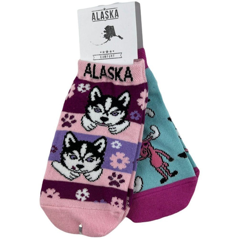 Two Pairs of Girls Low-Cut Socks Alaska Husky Moose Size S/M Pink Blue Comfort
